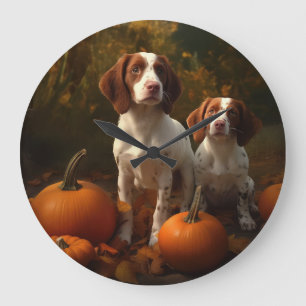 Brittany Spaniel Welpe Herbstfreude Kürbis Große Wanduhr