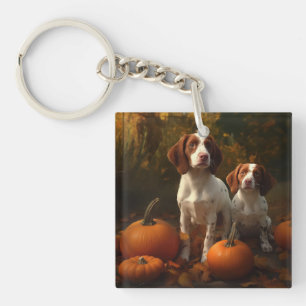 Brittany Spaniel Welpe Herbstvergnügen Kürbis Schlüsselanhänger