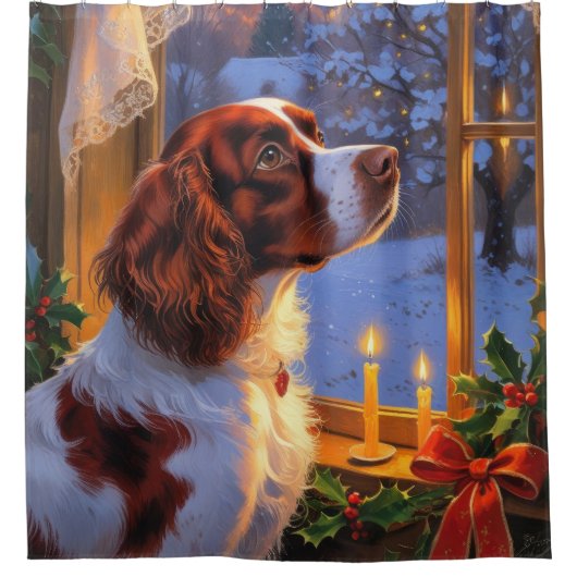 Brittany Spaniel with Christmas Lights Holiday Duschvorhang (Vorderseite)