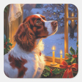 Brittany Spaniel with Christmas Lights Holiday Quadratischer Aufkleber (Vorderseite)