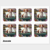 Brittany Spanier auf dem Paddle: Ein Landschaftlic Quadratischer Aufkleber (Blatt)