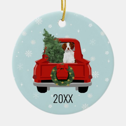 Brittany Spanisch Christmas Red Truck Keramik Ornament (Vorne)