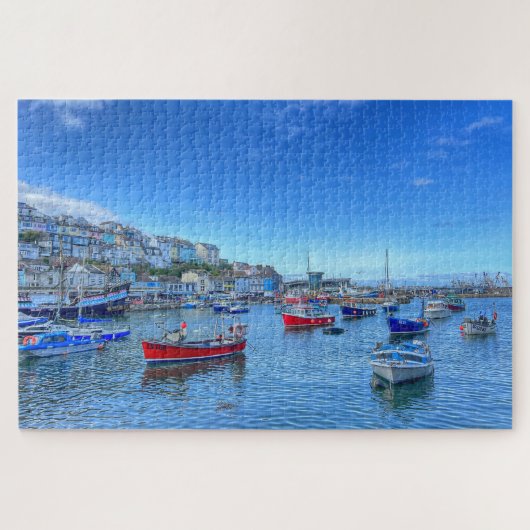 Brixham Harbor: Colorful Boats & Devon Hillside Puzzle (Horizontal)