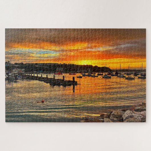 Brixham Twilight: Fiery Sunset & Rocky Coast Puzzle (Horizontal)