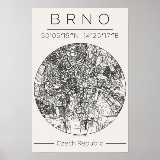 Brno City Map Poster – Minimal Charcoal Design (Vorne)