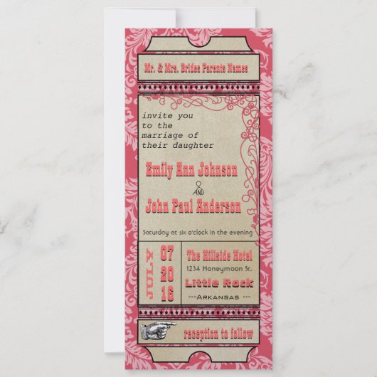 Broadway Playbill Ticket Wedding Raspberry Pink Einladung (Vorderseite)