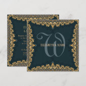 Brocade Monogram Aquamarin & Gold Wedding Einladun Einladung (Vorne/Hinten)