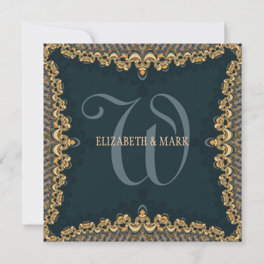 Brocade Monogram Aquamarin & Gold Wedding Einladun Einladung (Vorderseite)