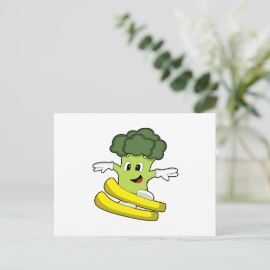 Broccoli als Skifahrer mit Ski Postkarte (Stehend Vorderseite)