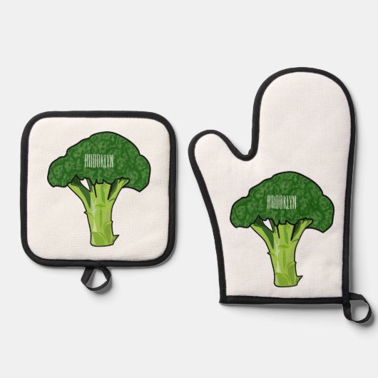 Broccoli Cartoon Illustration Ofenhandschuh & Topflappen-Set (Vorderseite)