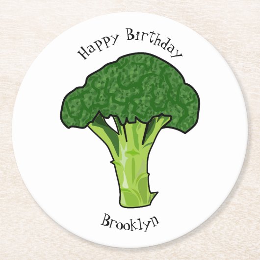 Broccoli Cartoon Illustration Runder Pappuntersetzer (Vorderseite)