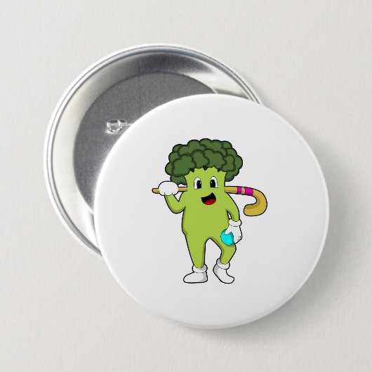 Broccoli im Hockey mit Hockey-Fledermaus Button (Vorne & Hinten)