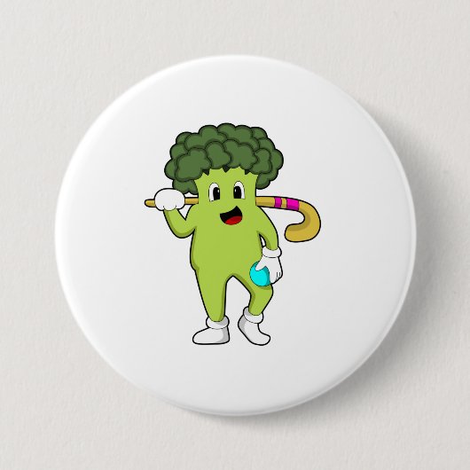 Broccoli im Hockey mit Hockey-Fledermaus Button (Vorderseite)