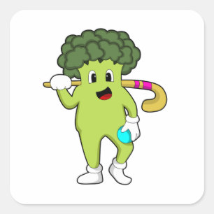 Broccoli im Hockey mit Hockey-Fledermaus Quadratischer Aufkleber