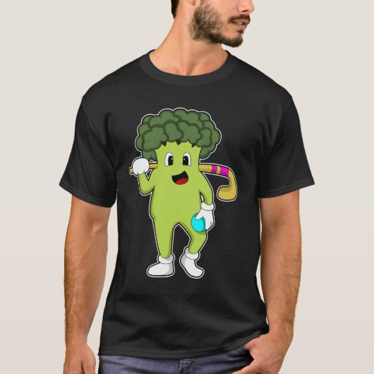 Broccoli im Hockey mit Hockey-Fledermaus T-Shirt (Vorderseite)