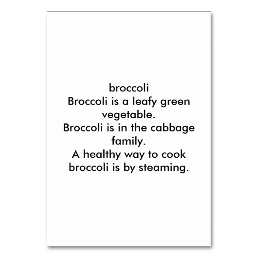 Broccoli Reading Flashcards für Erwachsene Tischnummer (Rückseite)