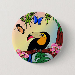 Broche Boton Tucano tropical e borboletas Button