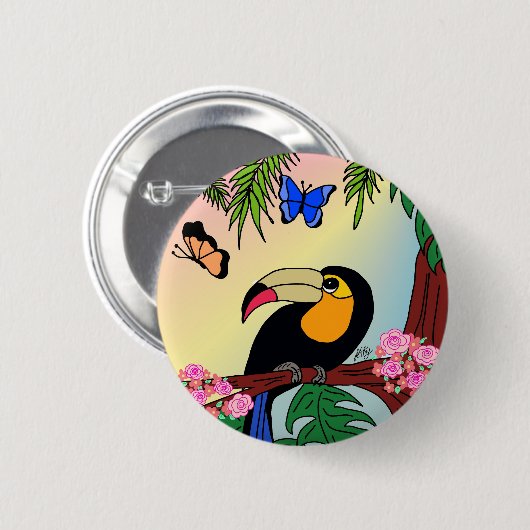 Broche Boton Tucano tropical e borboletas Button (Vorne & Hinten)