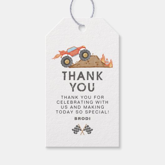 BRODI Red Monster Truck Birthday Party Gefallen Geschenkanhänger (Vorderseite)