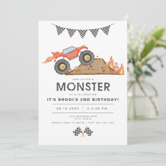 BRODI Red Monster Truck Boy Birthday Einladung (Stehend Vorderseite)