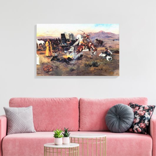 Bronc im Kuhlager von Charles M. Russell Leinwanddruck (Insitu (Wohnzimmer))