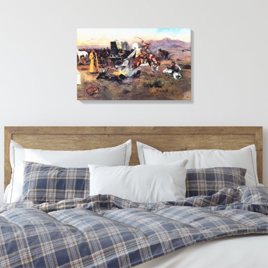 Bronc im Kuhlager von Charles M. Russell Leinwanddruck (Insitu (Schlafzimmer))