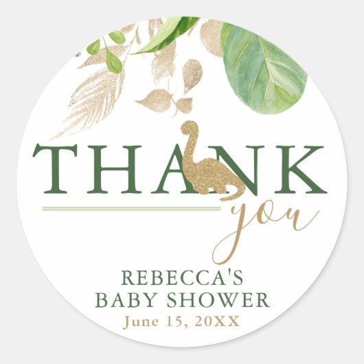 Brontosaurus Dinosaur Green und Gold Baby Dusche Runder Aufkleber (Vorderseite)