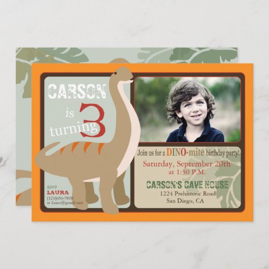 Brontosaurus Dinosaurier Dritter Geburtstag Einladung (Vorne/Hinten)