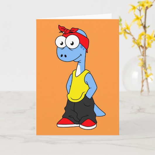 Brontosaurus in Hüftklamotten gekleidet. Karte (Gelbe Blume)