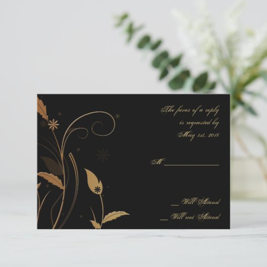 Bronze Art-Deco-Pfau und florale Antwortkarte RSVP Karte (Stehend Vorderseite)