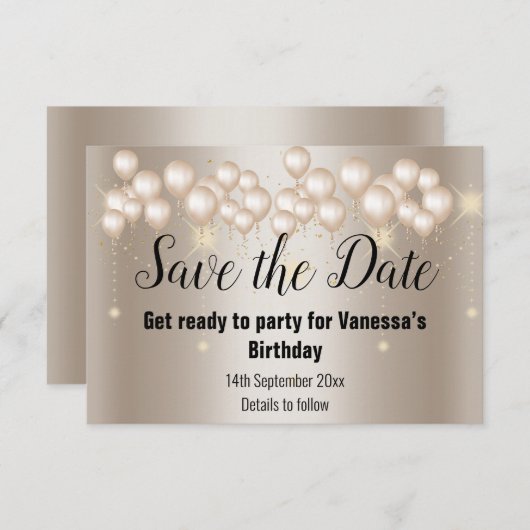 Bronze Balloon Sparkle Save the Date Card Ankündig RSVP Karte (Vorne/Hinten)