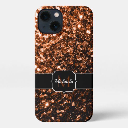 Bronze-braune Imitate Glitzer glänzen Monogramm iPhone Hülle (Rückseite)