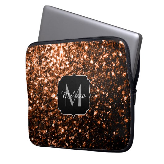 Bronze-braune Imitate Glitzer glänzen Monogramm Laptopschutzhülle (Vorderseite Links)
