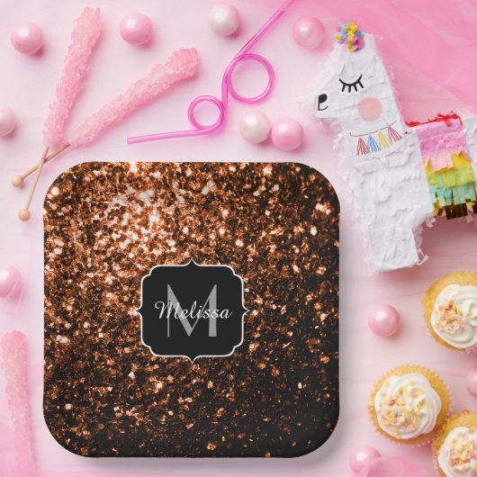 Bronze-braune Imitate Glitzer glänzen Monogramm Pappteller (Party)