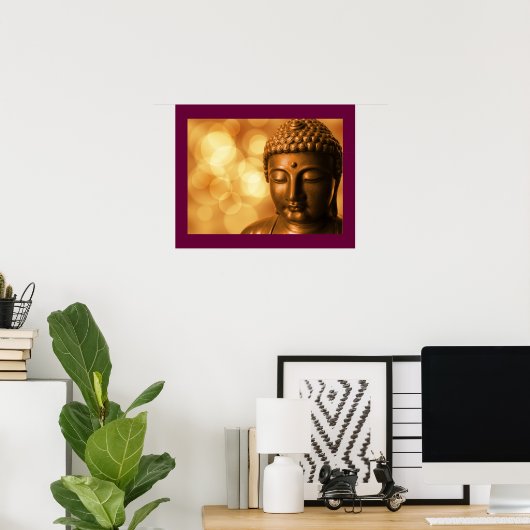 Bronze-Buddha-Statue mit Golden Bokeh-Hintergrund Poster (Heimbüro)