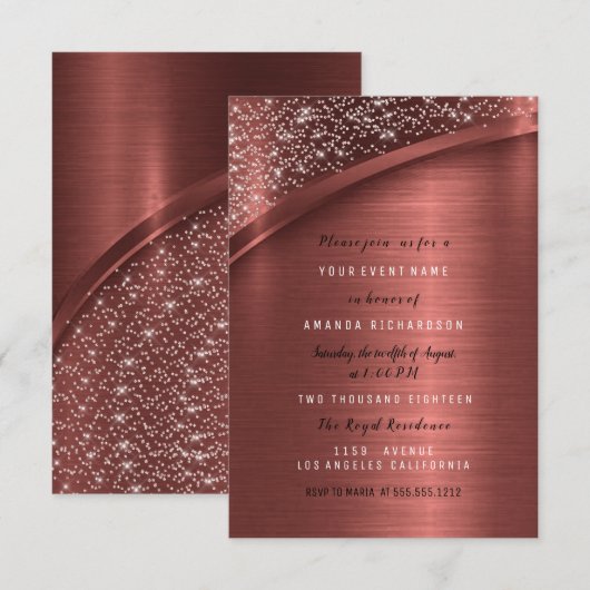 Bronze Burgund Glitzer Brautparty Geburtstag Einladung (Vorne/Hinten)
