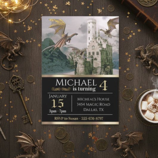 Bronze Dragon Mittelalterliches Schloss Metallic G Einladung