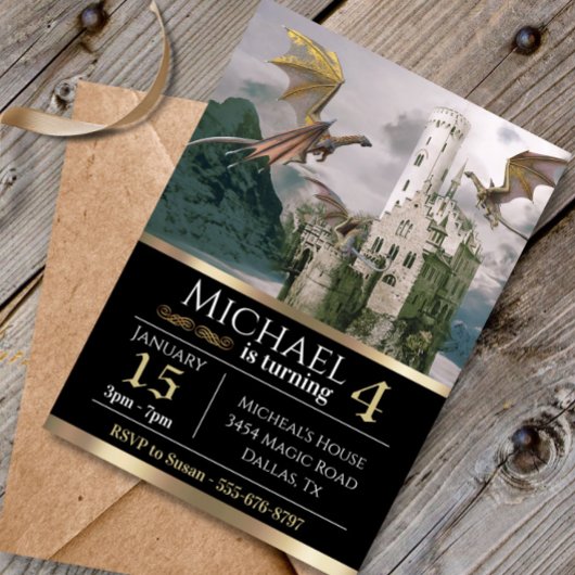 Bronze Dragon Mittelalterliches Schloss Metallic G Einladung