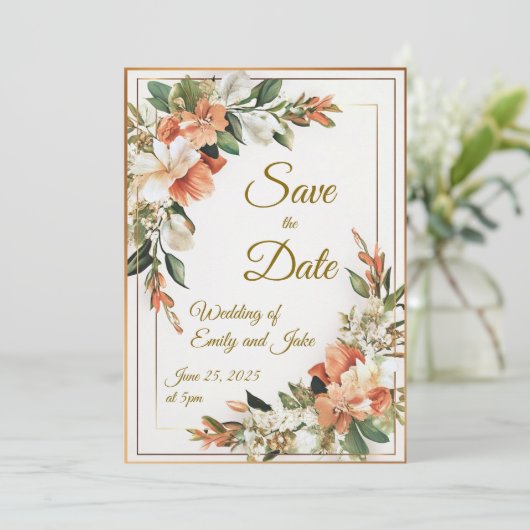 Bronze Florals Save the Date Einladung (Stehend Vorderseite)