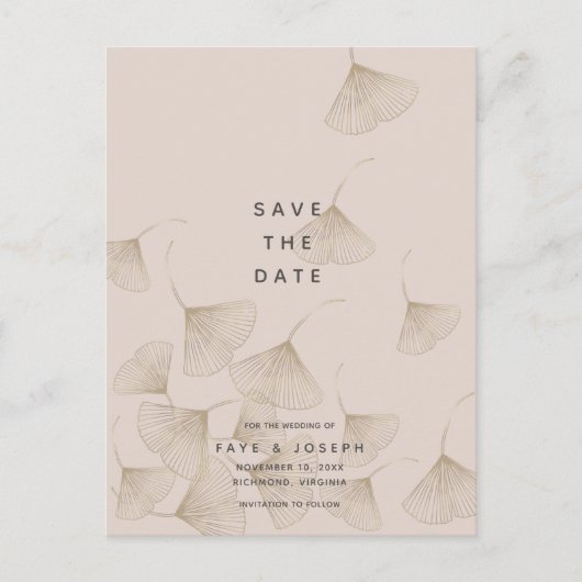 Bronze Ginkgo Blätter Rosa Beige Save the Date Ankündigungspostkarte (Vorderseite)