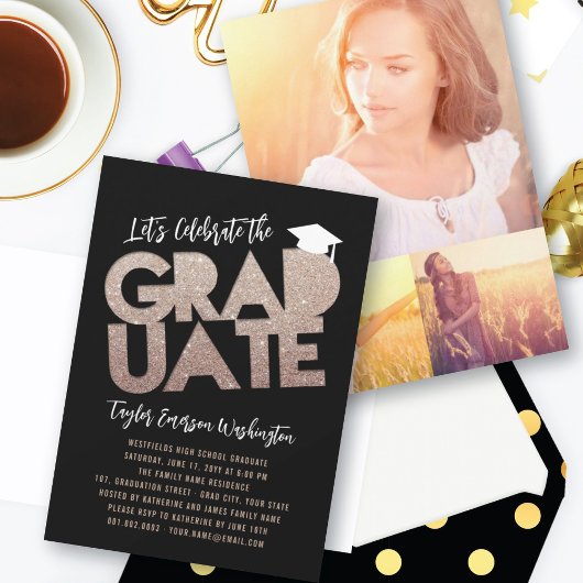 Bronze Glitzer Graduate Cutout Graduation Party Einladung