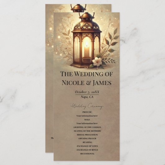 Bronze-Glühen Lattern Rustikales Hochzeitsprogramm Programm (Vorne/Hinten)