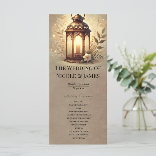 Bronze-Glühen Lattern Rustikales Hochzeitsprogramm Programm (Stehend Vorderseite)