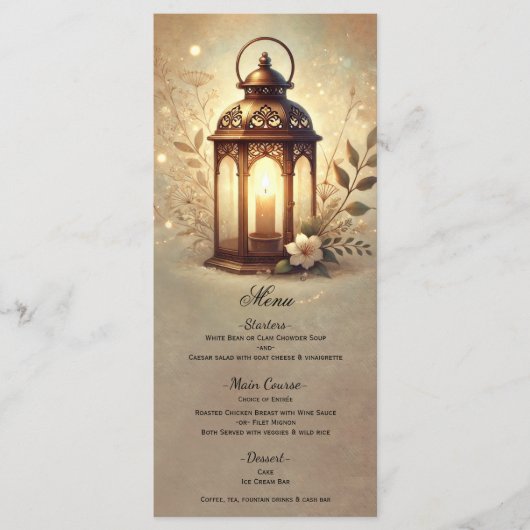 Bronze glühende Laterne Romantisches rustikales Me Menükarte (Vorderseite)