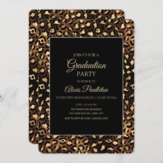 Bronze Gold Black Leopard Cheetah Graduation Party Einladung (Vorne/Hinten)