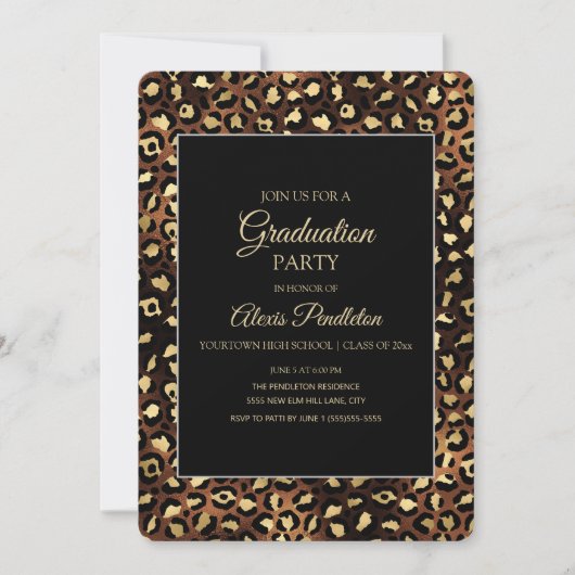 Bronze Gold Black Leopard Cheetah Graduation Party Einladung (Vorderseite)