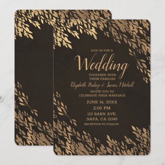 Bronze Gold Blätter Braun Chic Rustikale Hochzeit Einladung (Vorne/Hinten)