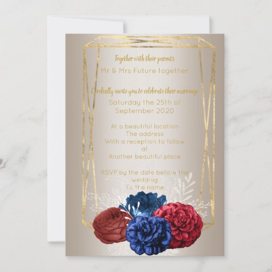 Bronze Gold Bouquet Elegantes Rotes Hochzeitsstil Einladung (Vorderseite)