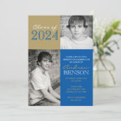 Bronze Gold & Royal Blue 2 Foto Abschluss Einladung (Stehend Vorderseite)