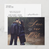 Bronze-Kalligrafie-Overlay-Foto Save the Date Postkarte (Vorne/Hinten)